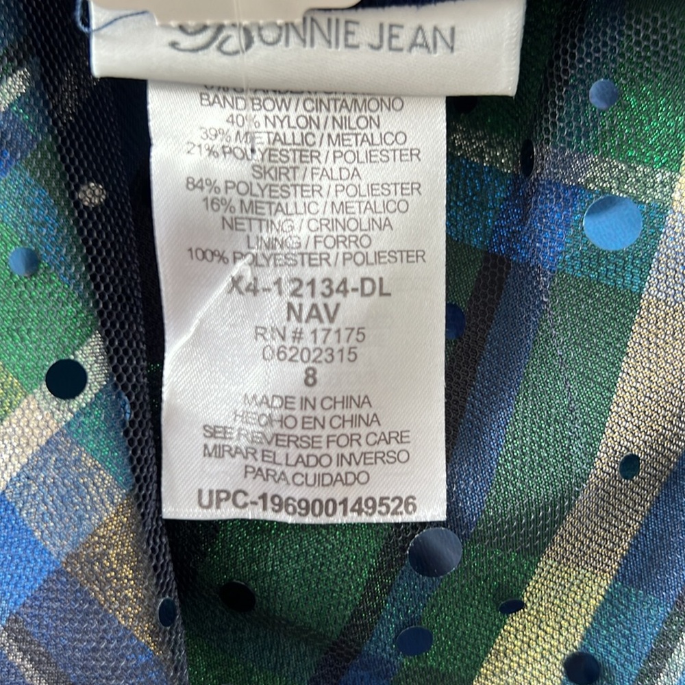 NWT Bonnie Jean sz 8 fancy dress. Navy blue long sleeve gold bow with tulle. - Picture 8 of 9